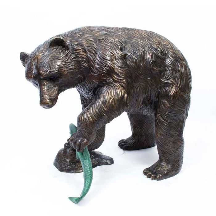Bronze Large Garden Bear Statue Catching Fish