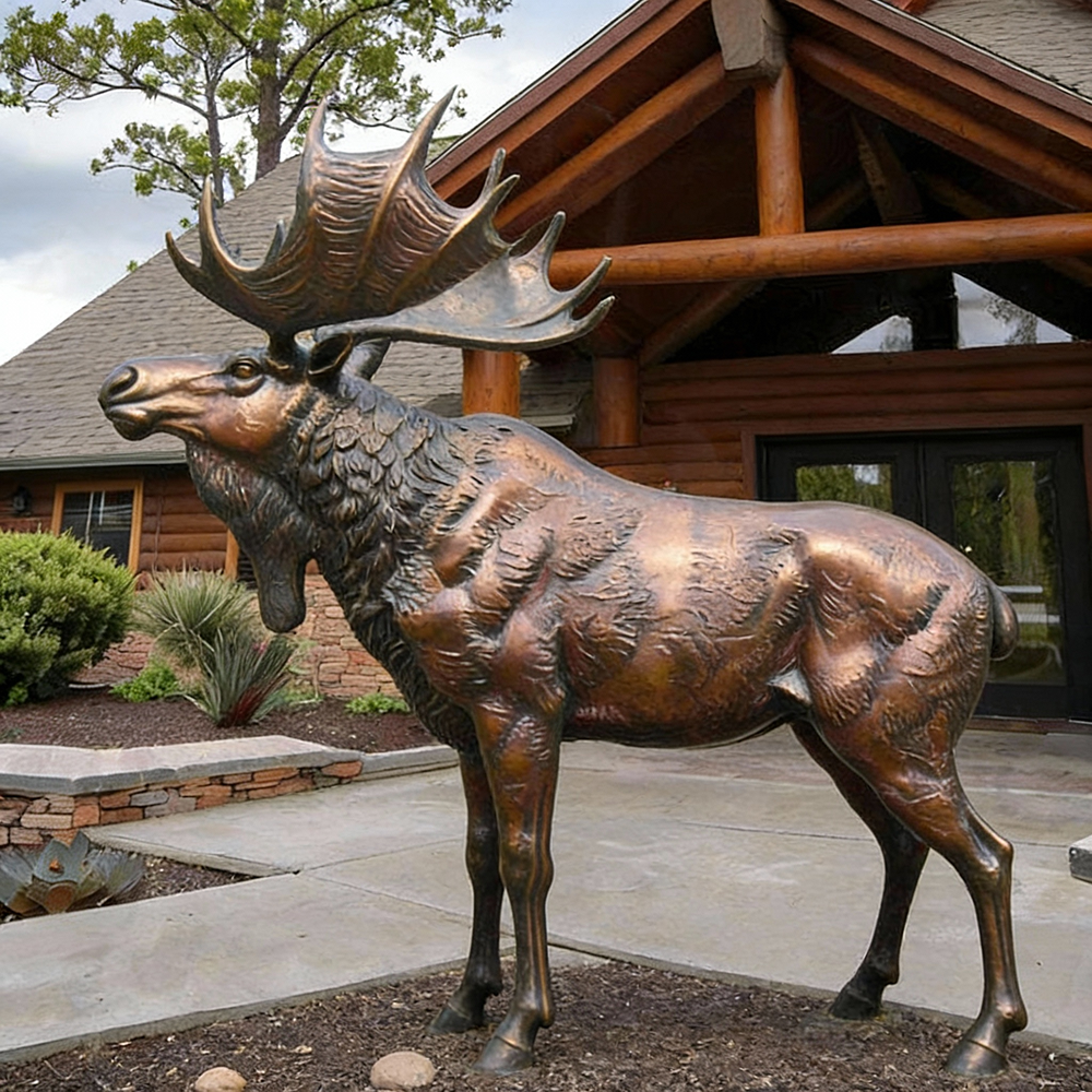 Bronze Moose Outdoor Sculpture with palm antlers