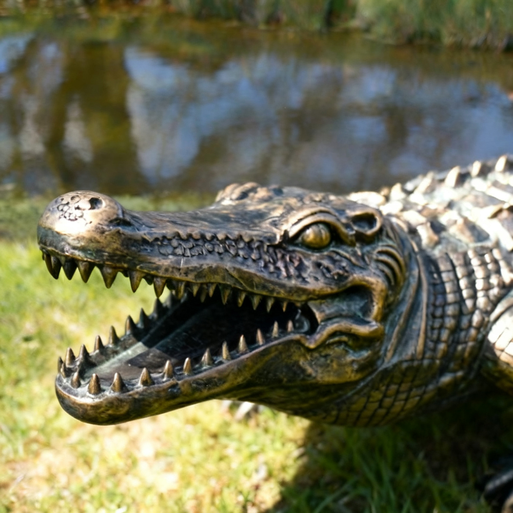 Crocodile Metal Sculpture bronze open mouth close view