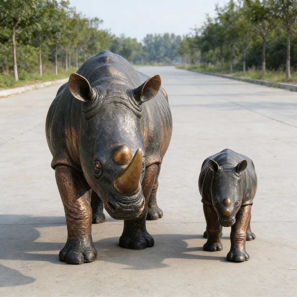 Garden bronze Mother and baby Rhino Sculpture