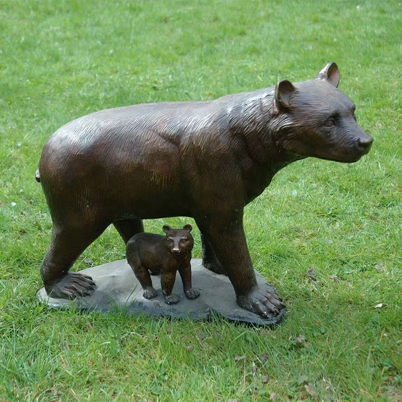 Mother Bear with Cub bronze lawn statue