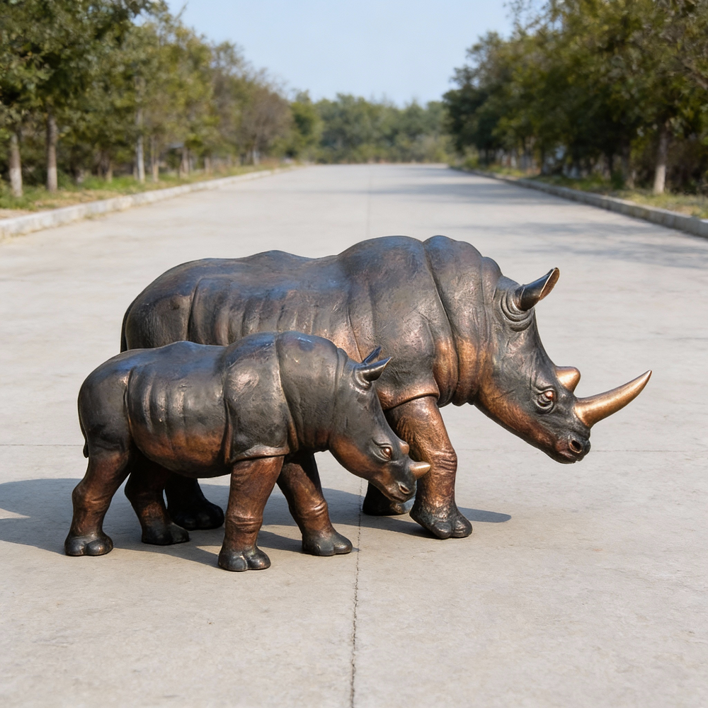 Outdoor Mother and Baby Rhino bronze Statue