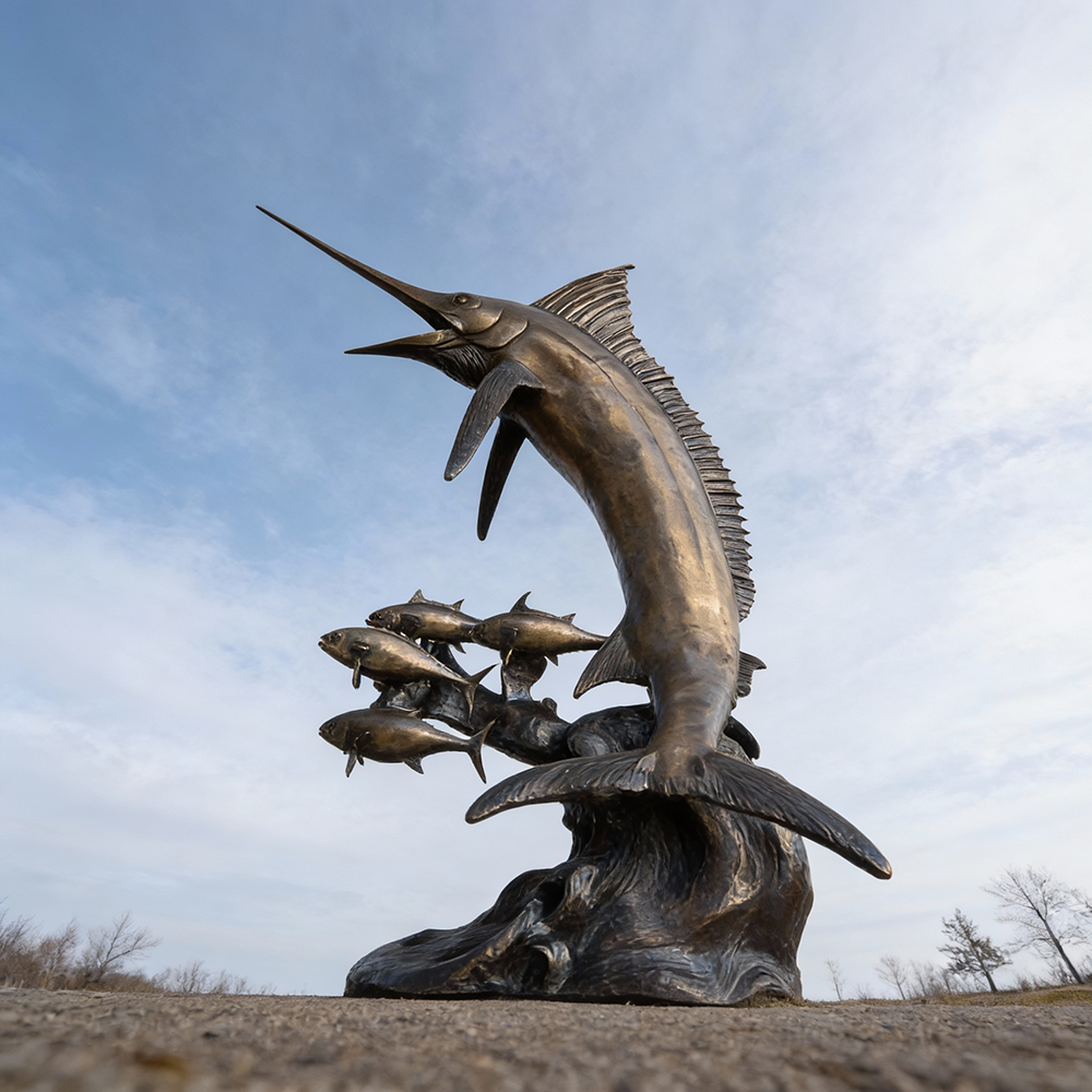 Outdoor marlin fish sculpture with wave base