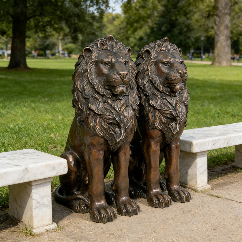 Pair Lion Porch bronze Statues beside bench