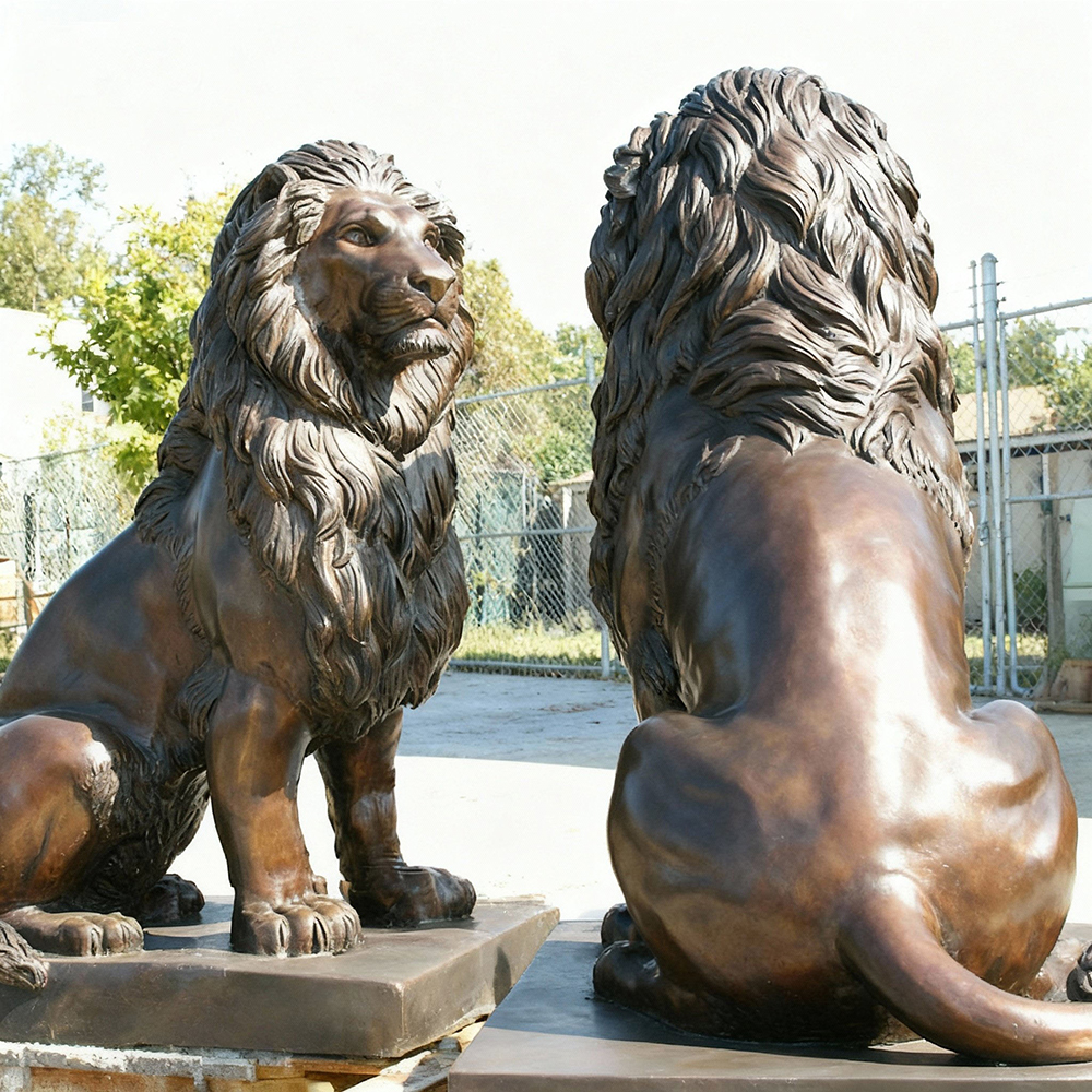 Rear angle showing sculpted manes on lion statues