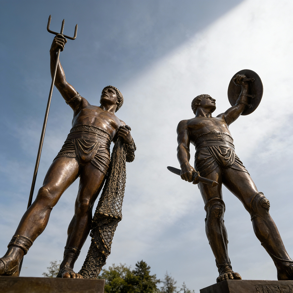 Roman Bronze Gladiator outdoor Statue low angle view