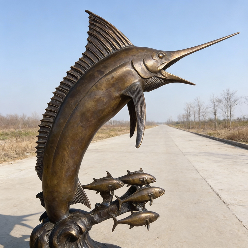 Side view marlin fish sculpture curved body detail