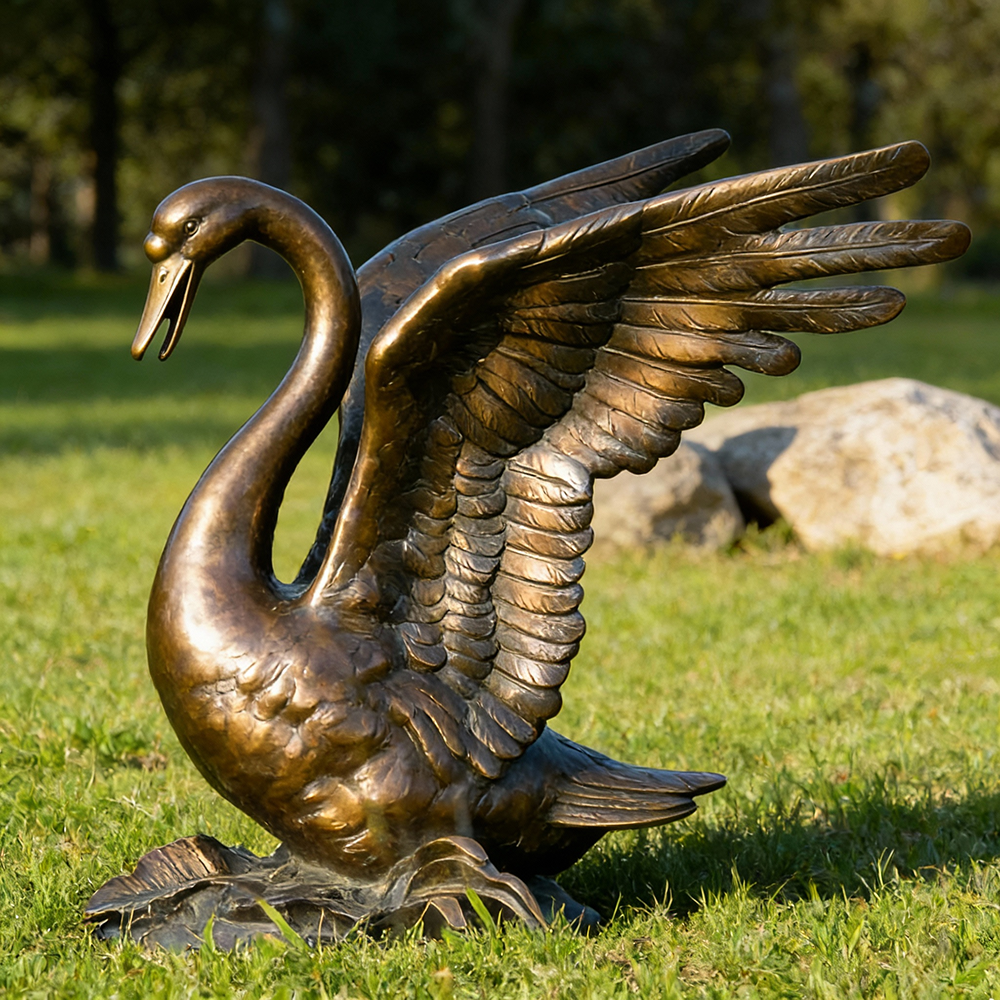 Side view of bronze Outdoor Swan Statue garden