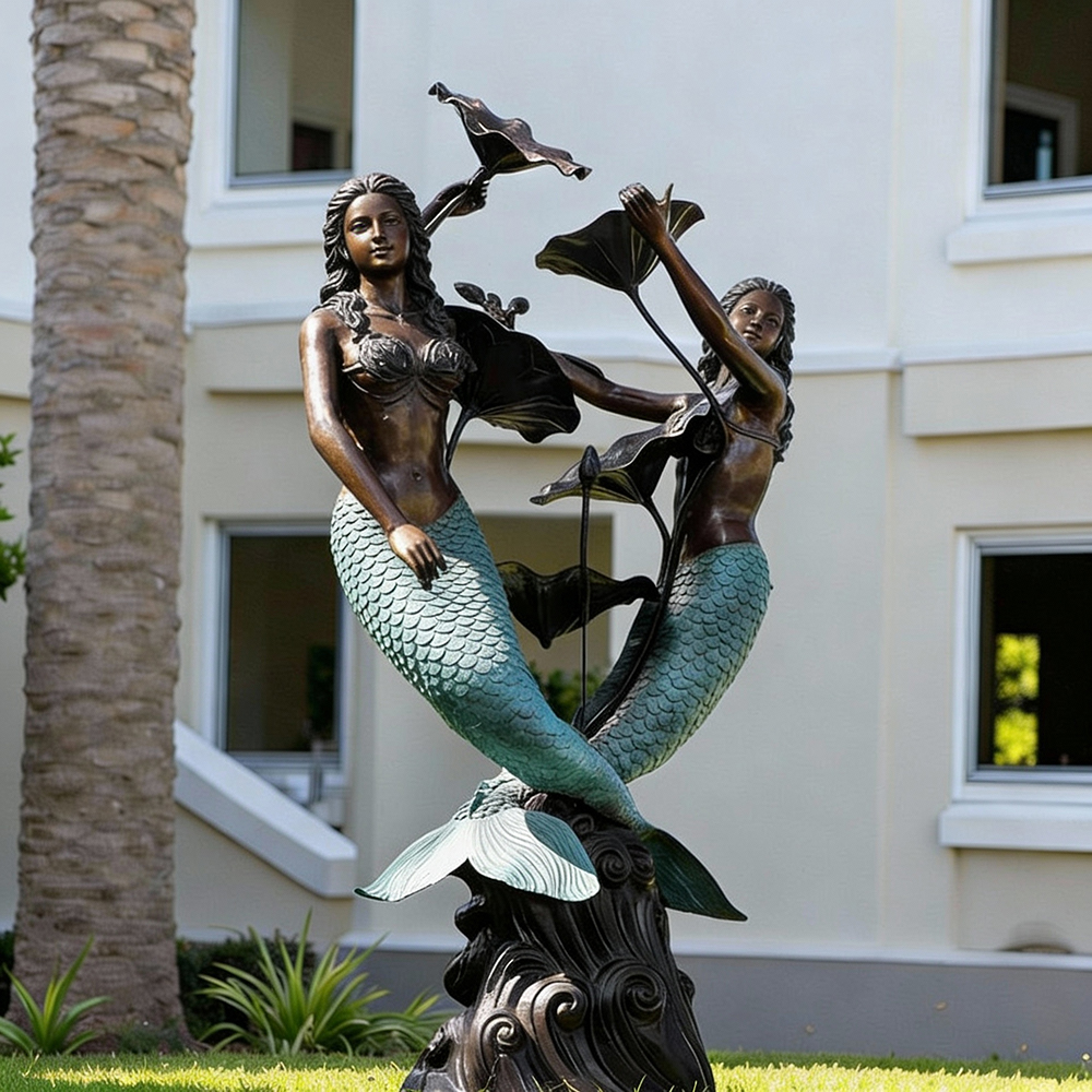 Twin Mermaid Statue with flowing hair and raised arms