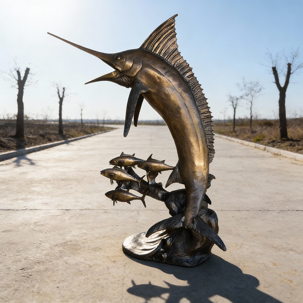 Upward jumping marlin fish sculpture dynamic pose