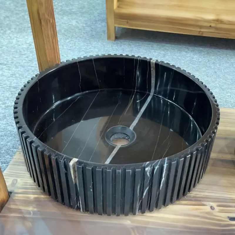 black marble Fluted round Vessel Sink
