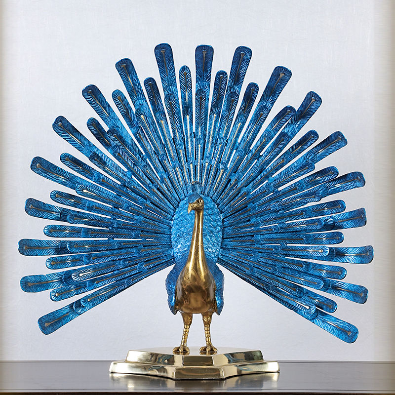 blue bronze Peacock Decor Statue open tail