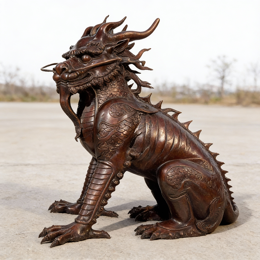 bronze Chinese Qilin Statue full side view showing scales and claws