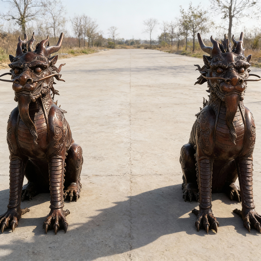 bronze Chinese Qilin Statue pair front view on roadside