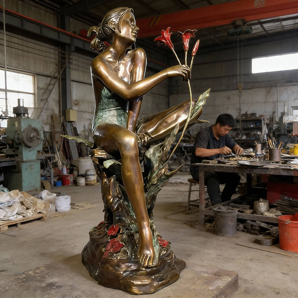 bronze Flower Girl Statue Outdoor holding flowers
