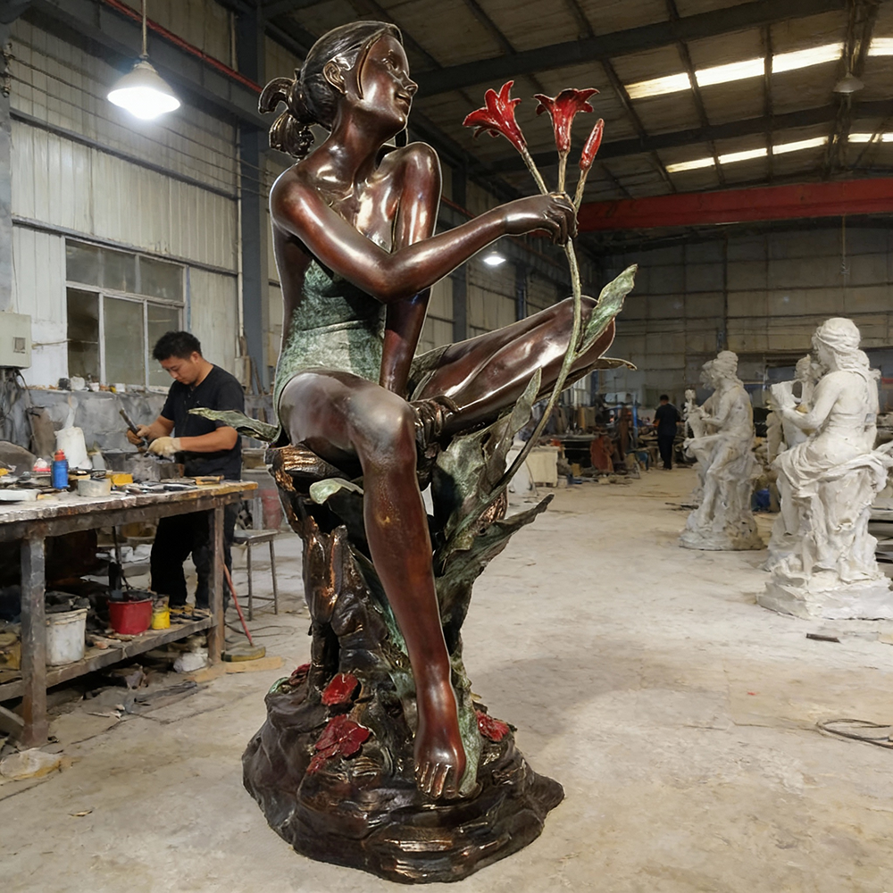 bronze Flower Girl sitting Statue Outdoor