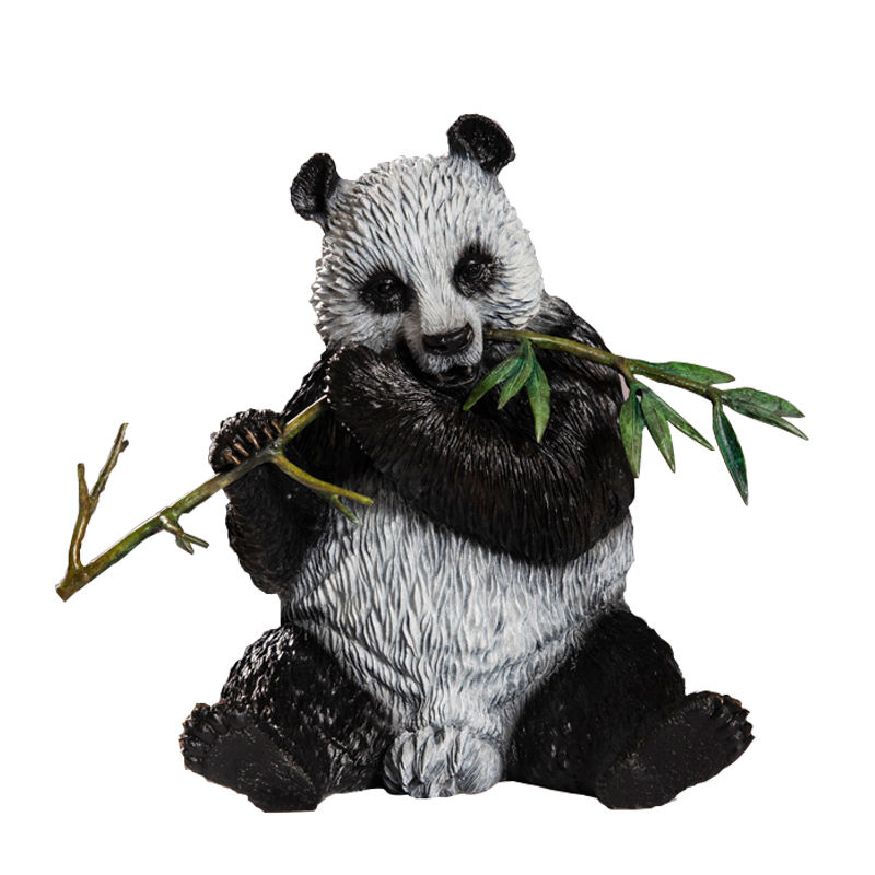bronze Garden Panda Statue eating bamboo
