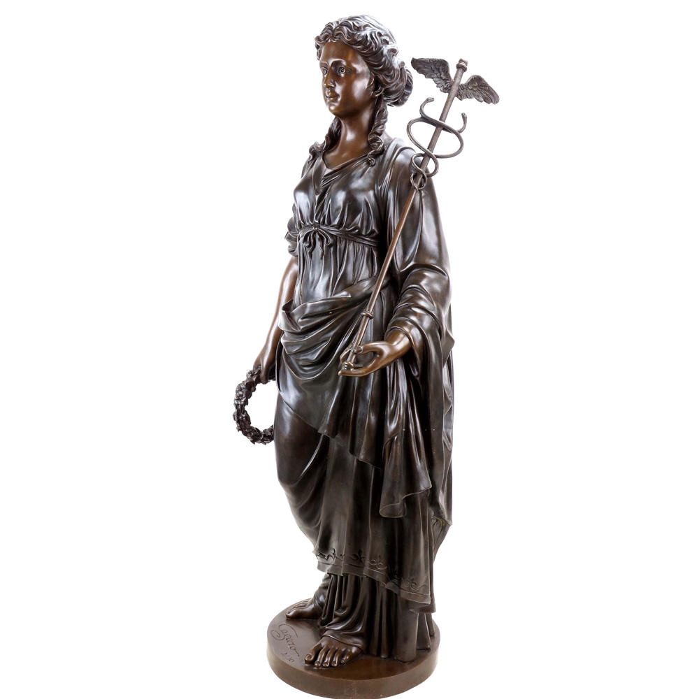 bronze Goddess Hygieia Statue holding Caduceus