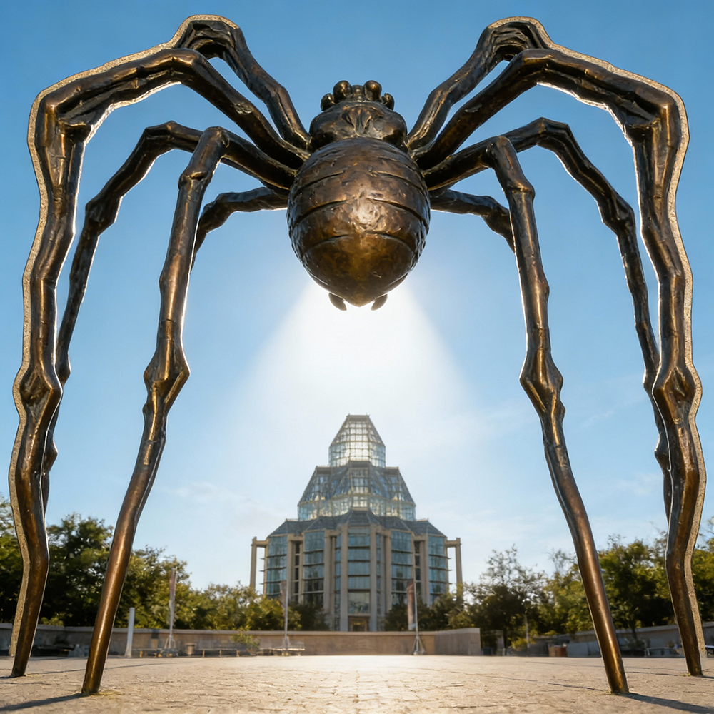 bronze Huge Spider Sculpture symmetrical front view towering legs