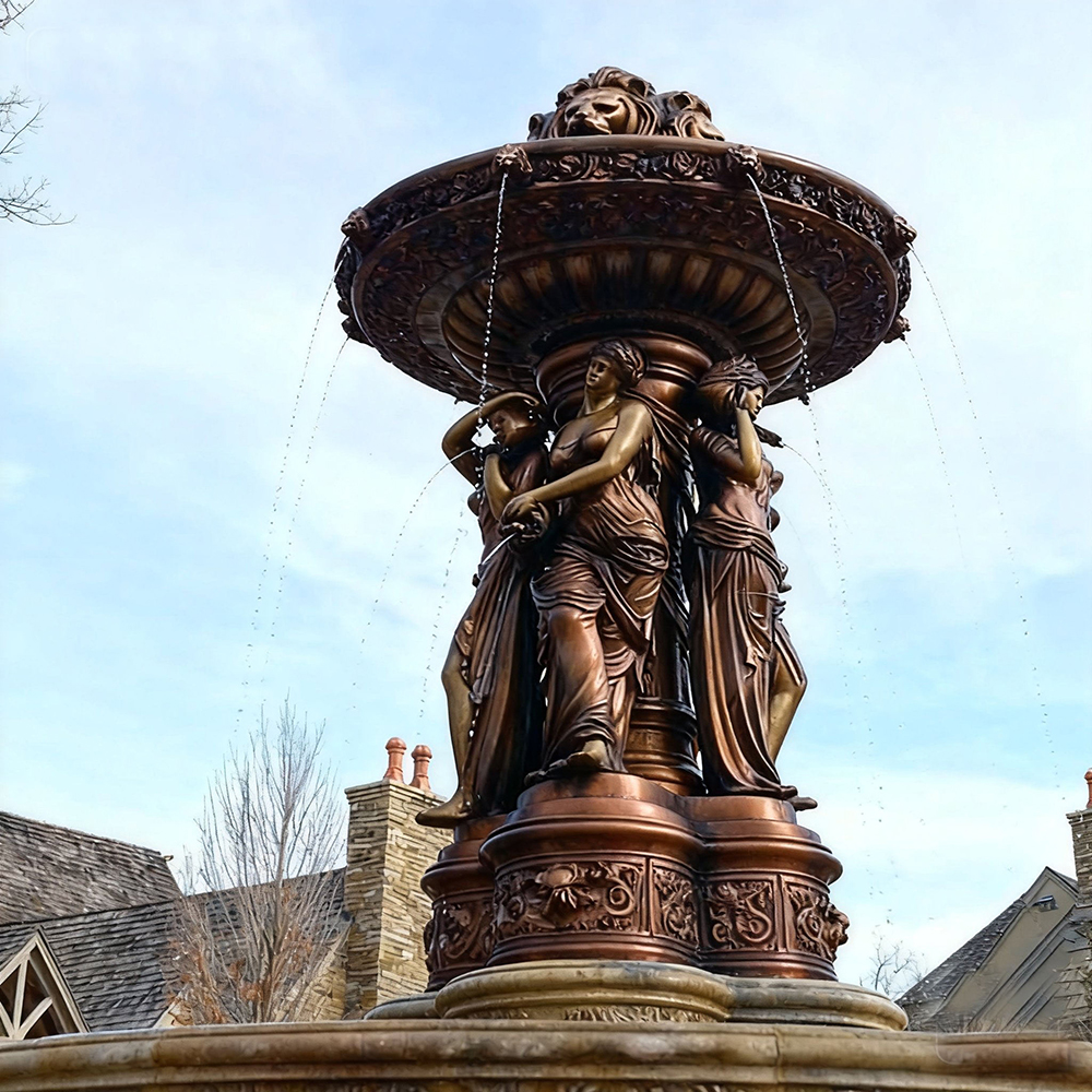 bronze Lady Fountain Statue with lion head on top