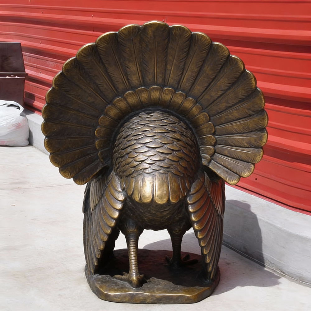 bronze Large Turkey Statue rear feather view