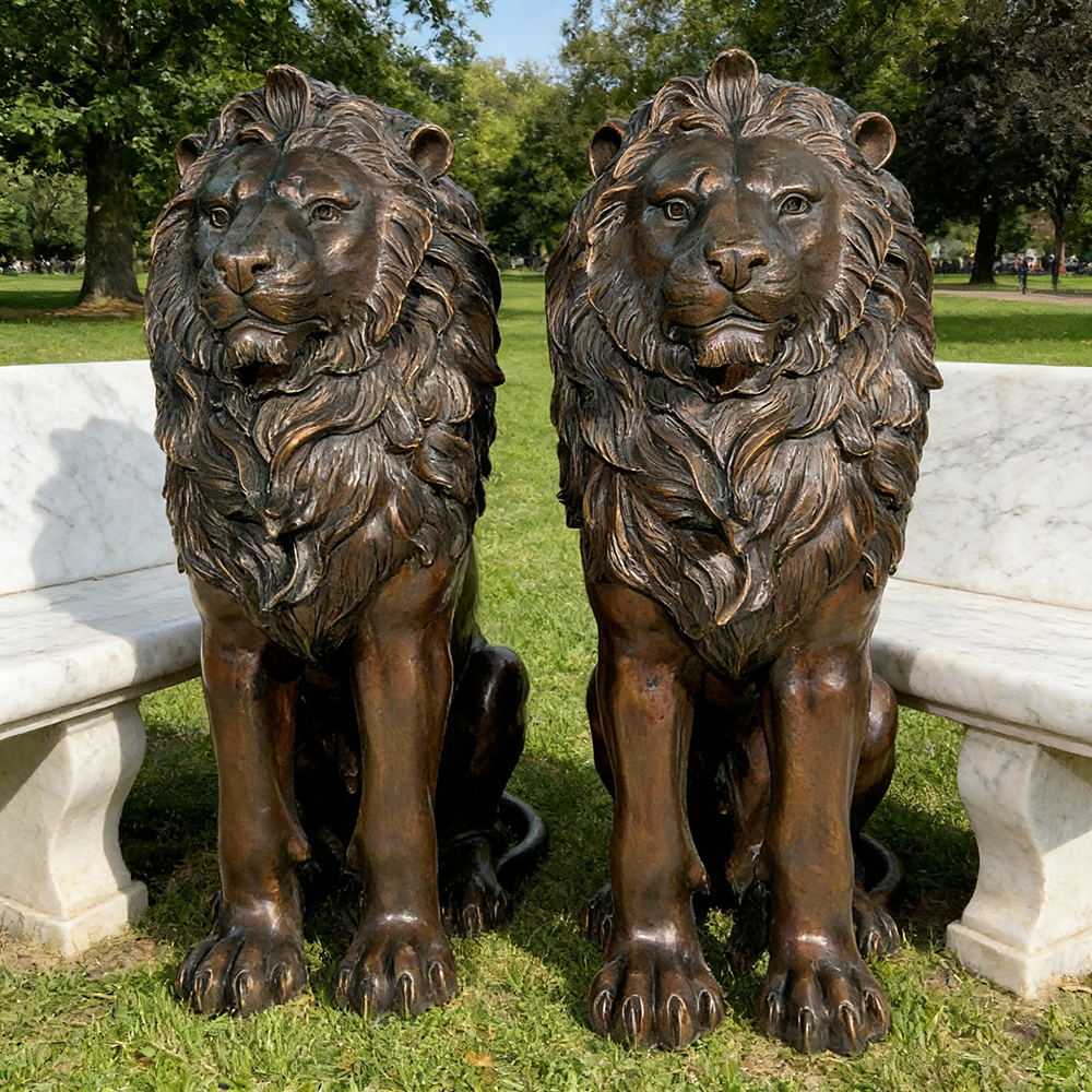 bronze Lion Porch Statues symmetrical view