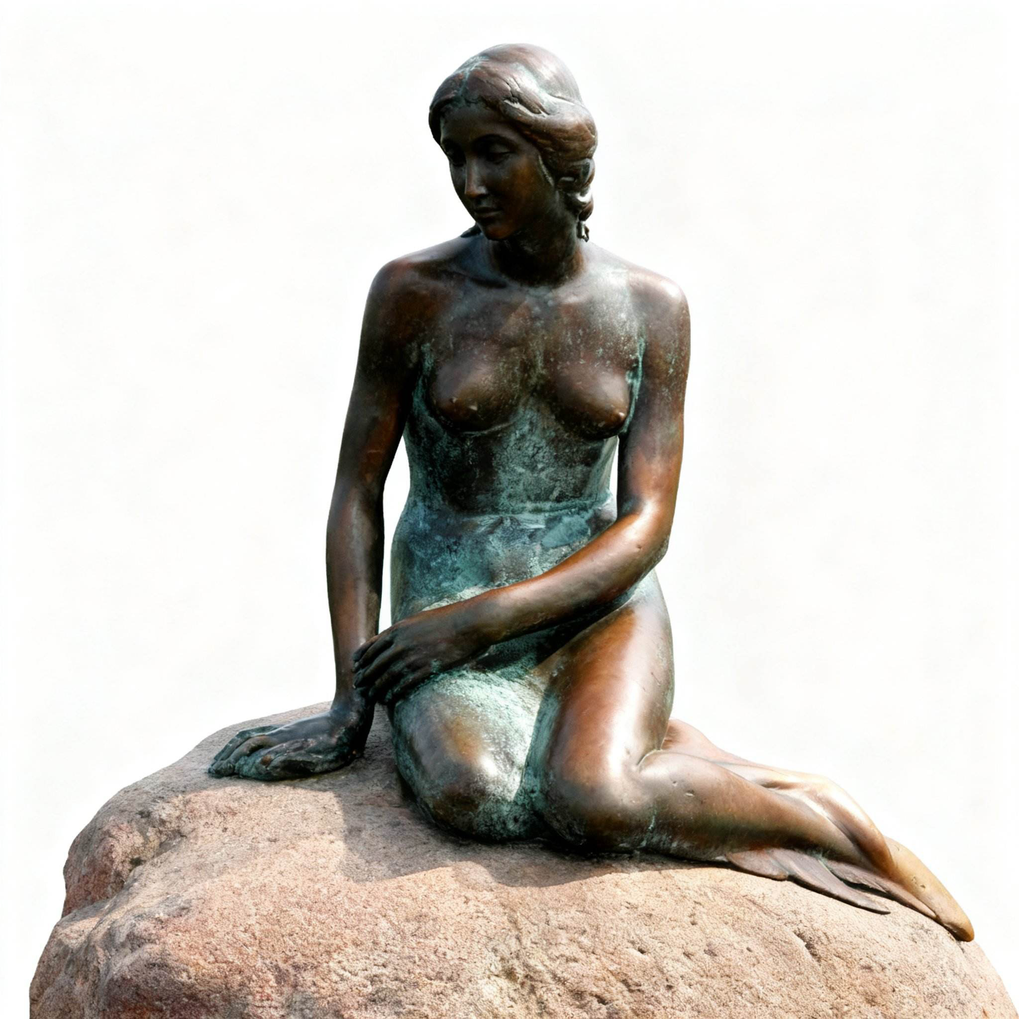 bronze Little Mermaid statue sitting rock detail