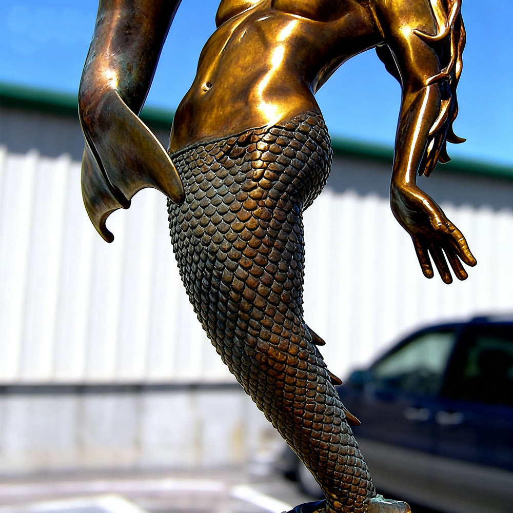 bronze Mermaid and Dolphin Sculpture scale texture detail