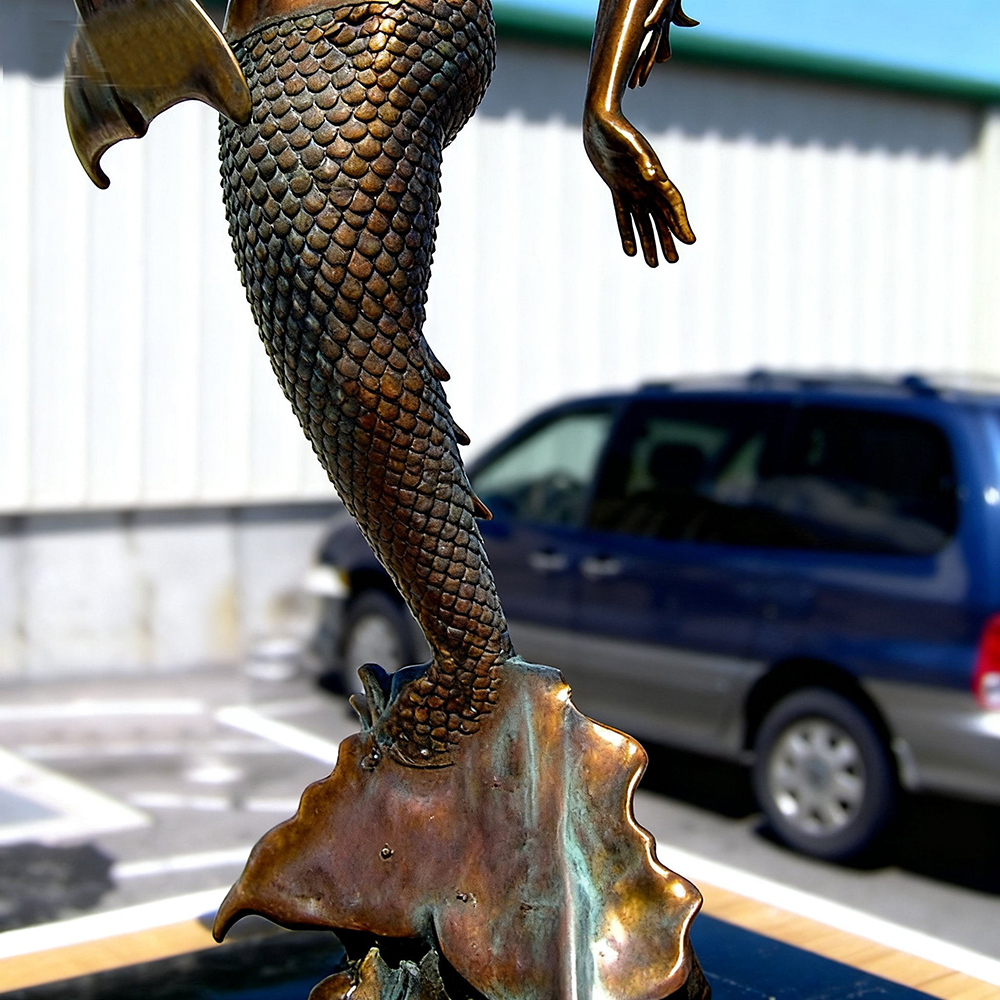 bronze Mermaid and Dolphin Sculpture tail and base detail