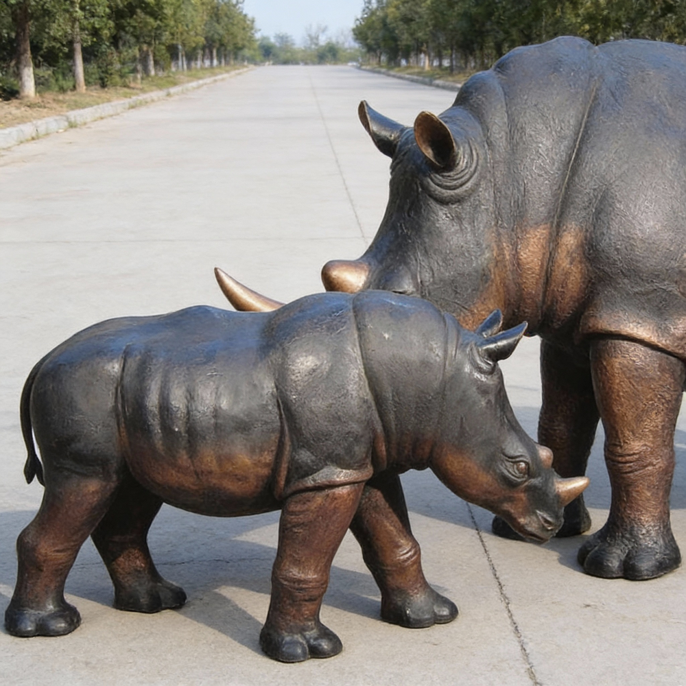 bronze Mother and Baby Rhino life size Statue