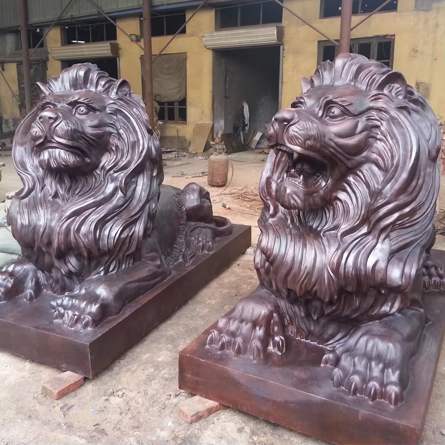 bronze Outdoor Entrance Lion Statue pair front view