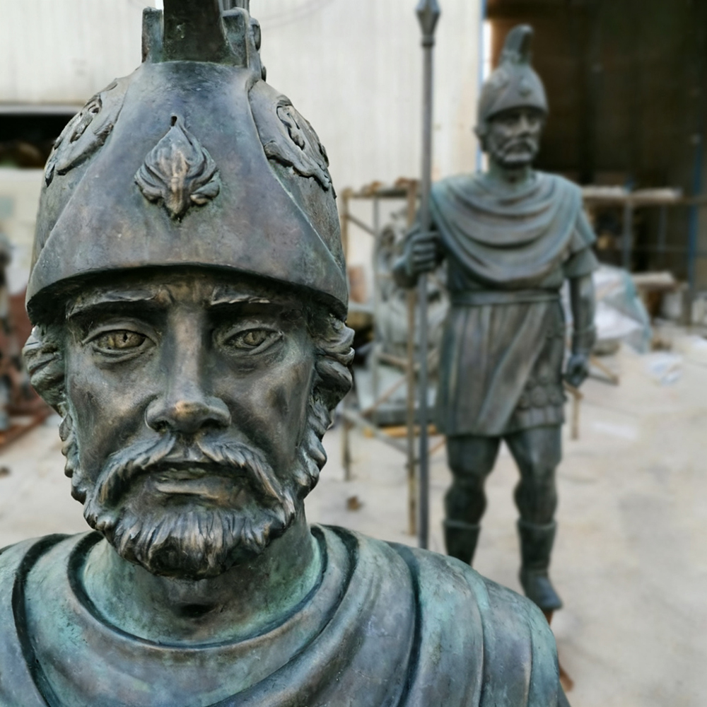 bronze Roman Legionary garden Statue face detail