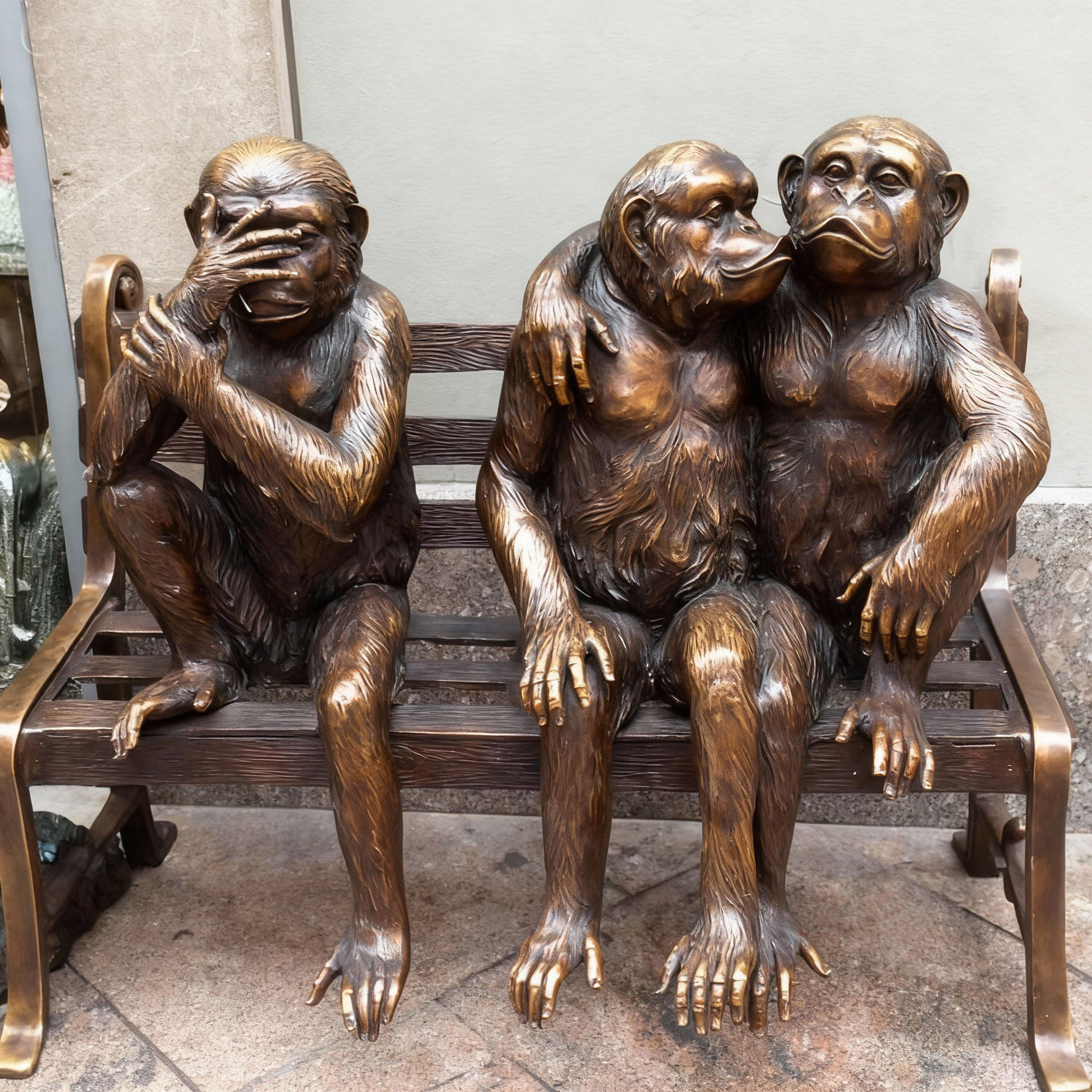 bronze Three Wise Monkeys on bench statue outdoor