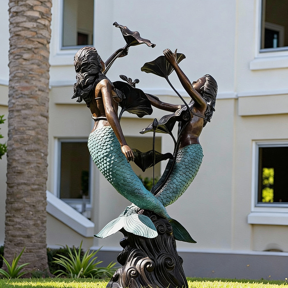 bronze Twin Mermaid Statue holding lotus leaves in garden