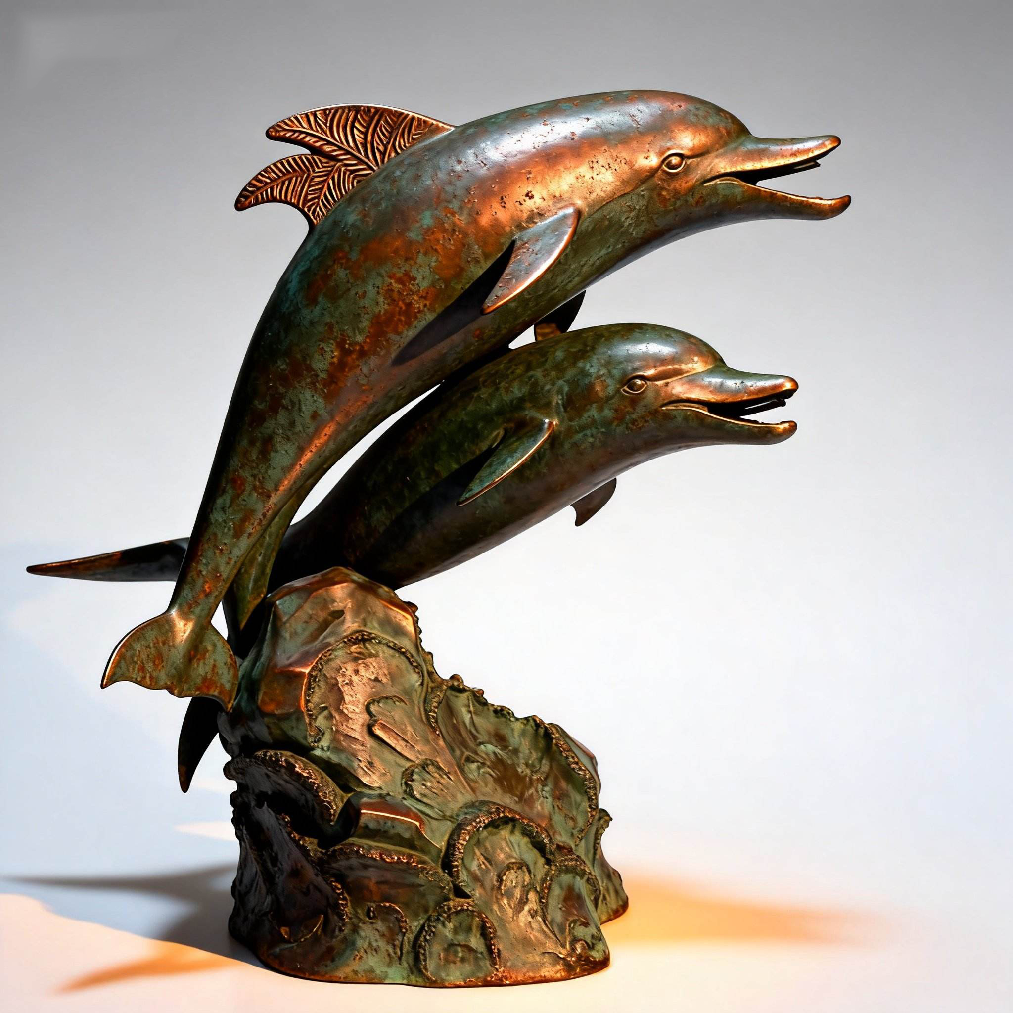 bronze dolphins leaping above ocean wave base