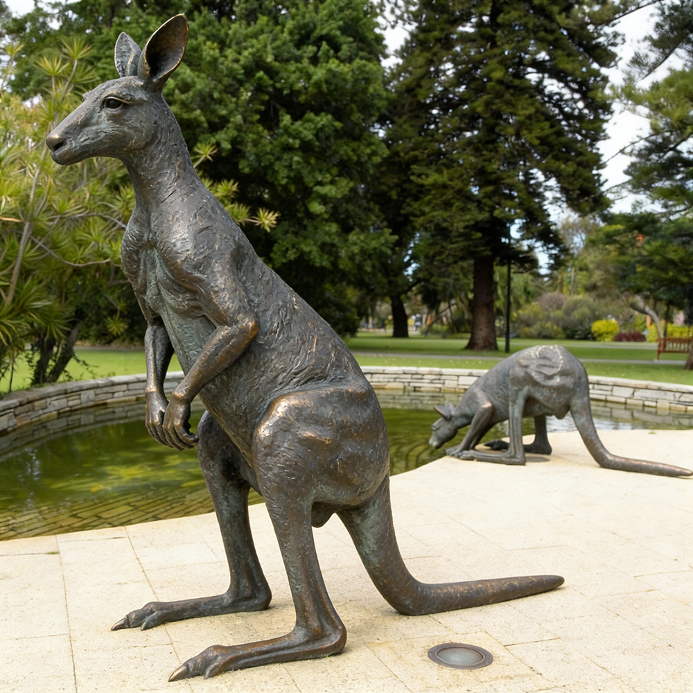 bronze two Kangaroo Garden Ornaments by pond