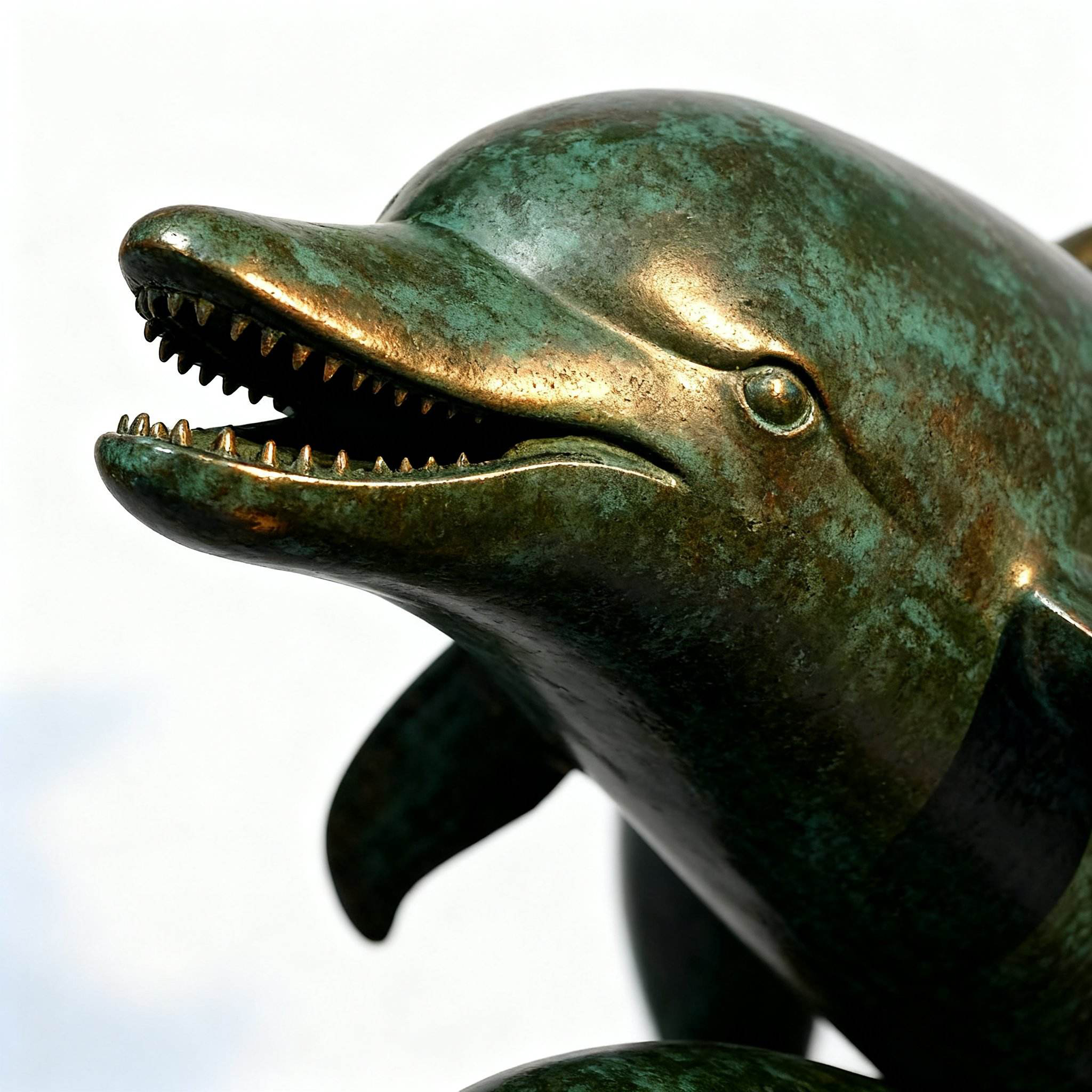 close up bronze dolphin sculpture head detail