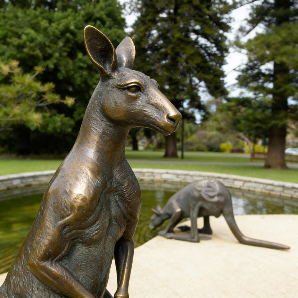 close-up of kangaroo head and body of Kangaroo Garden Ornament