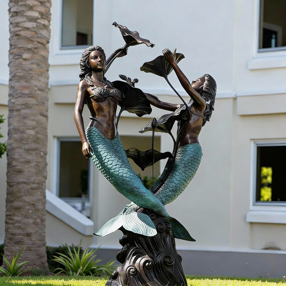 decorative Twin Mermaid Statue water theme with leaf details