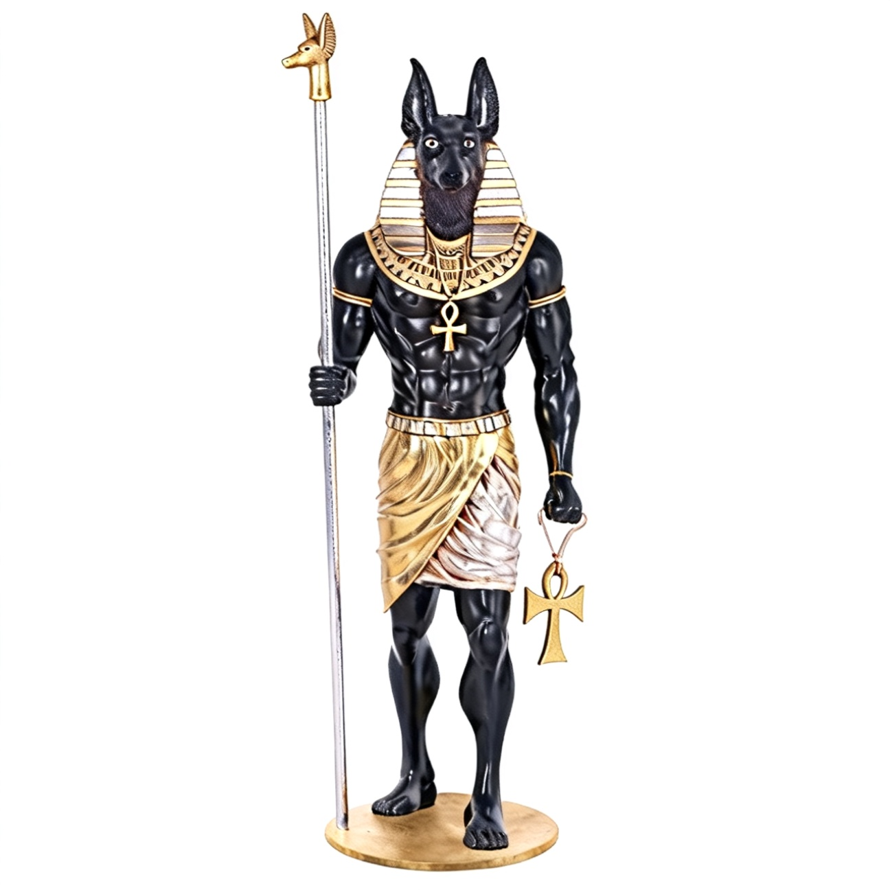 front view bronze Egyptian Anubis Sculpture with staff