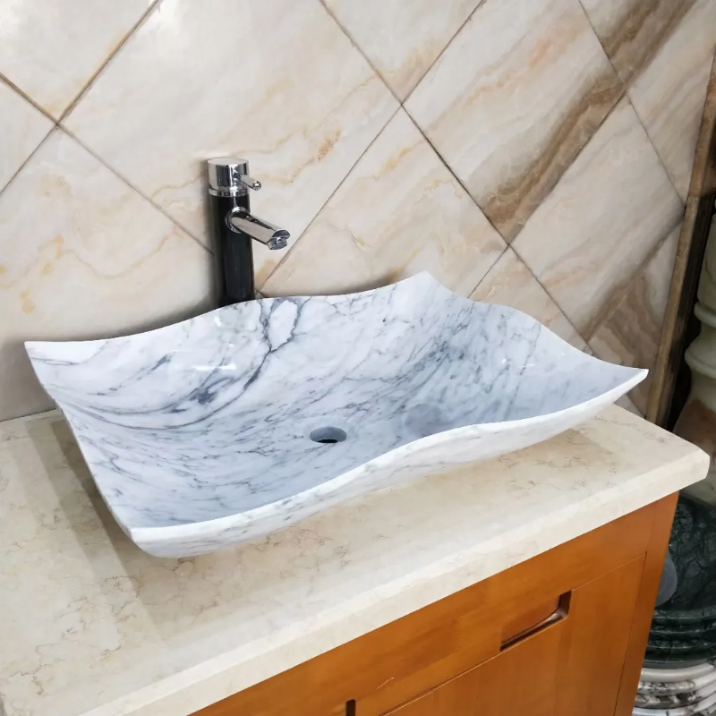 marble irregular edge vessel sink bathroom