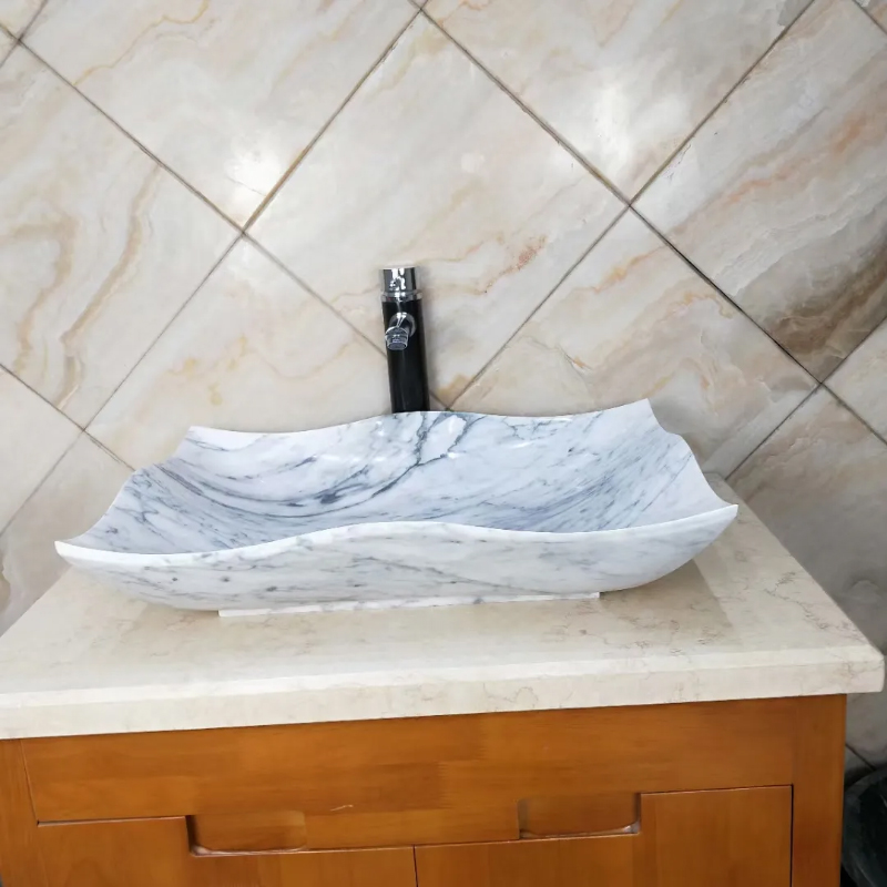 marble irregular vessel sink with grey vein