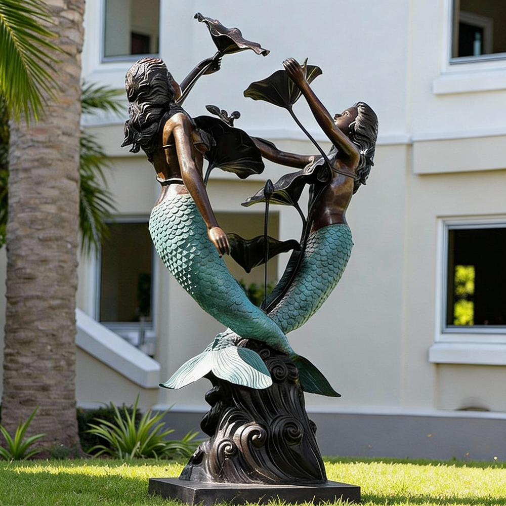 outdoor Twin Mermaid Statue with intertwined tails and wave base
