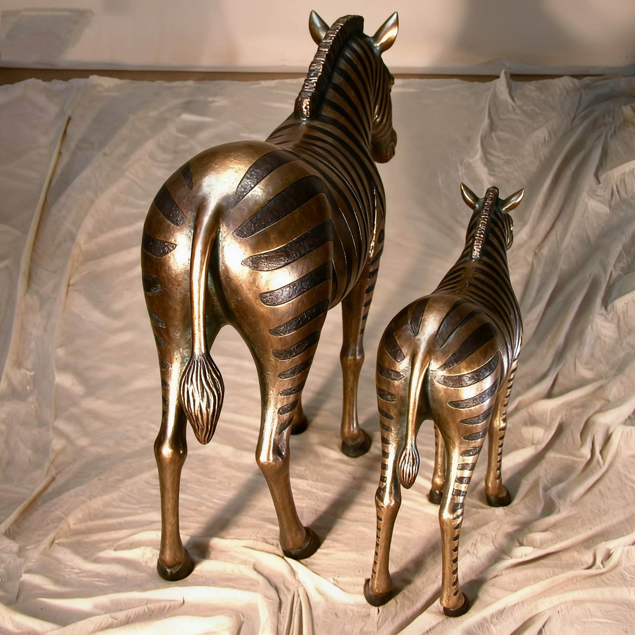 rear view bronze Life Size Zebra Statue mother and foal