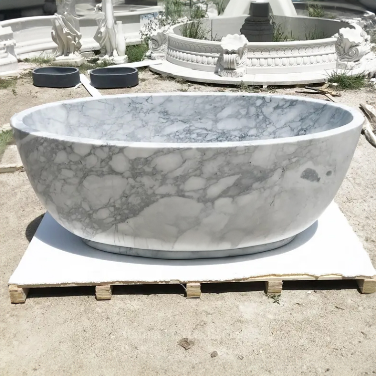 smooth marble Free Standing Oval Bath with grey veins