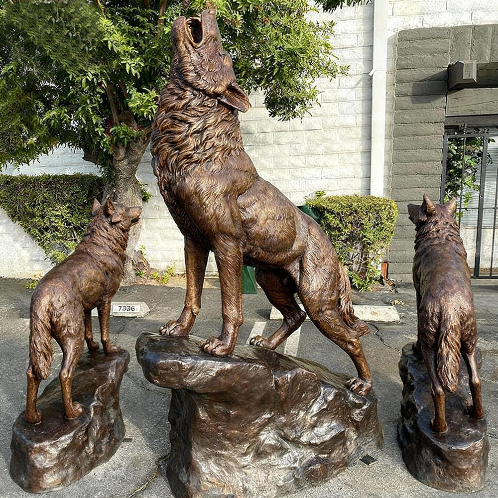 three bronze Howling Wolf Sculpture