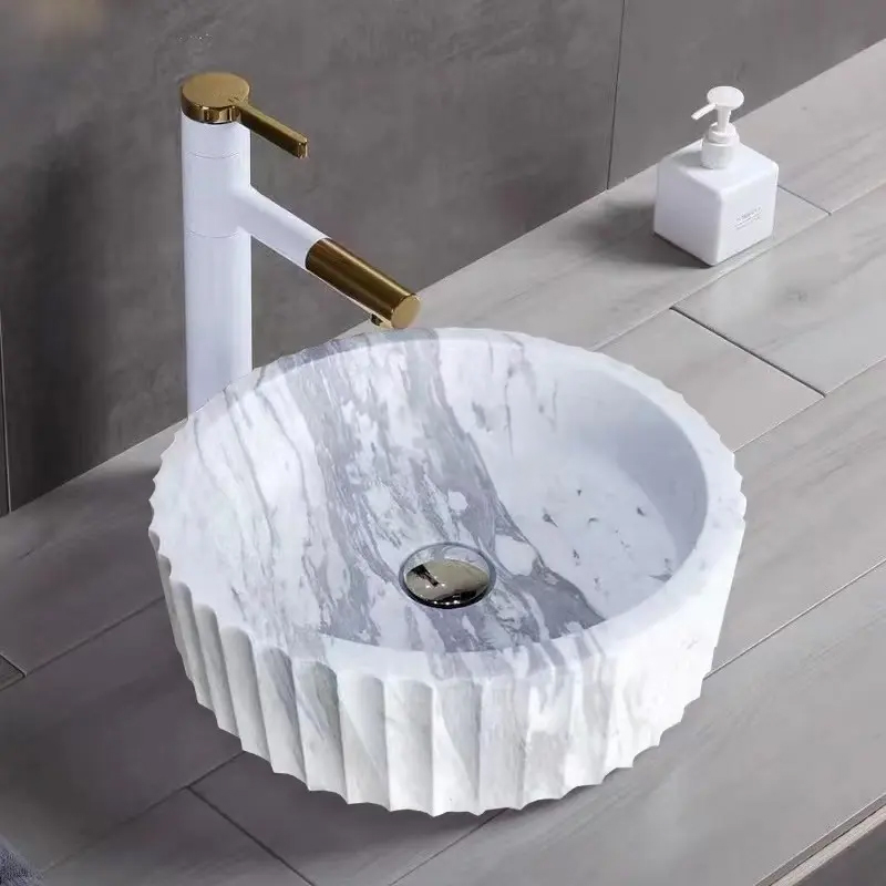 white marble Fluted Vessel Sink round