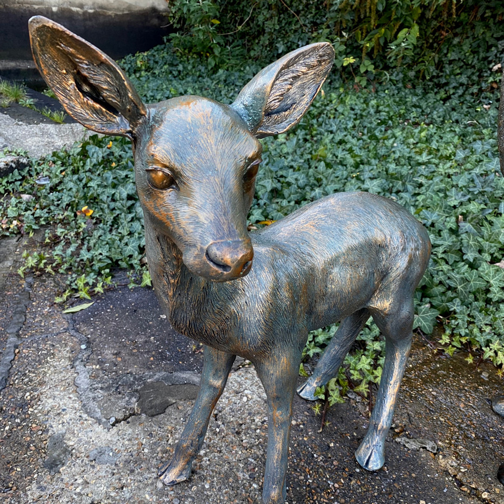1-(4) Close-up bronze deer calf garden statue