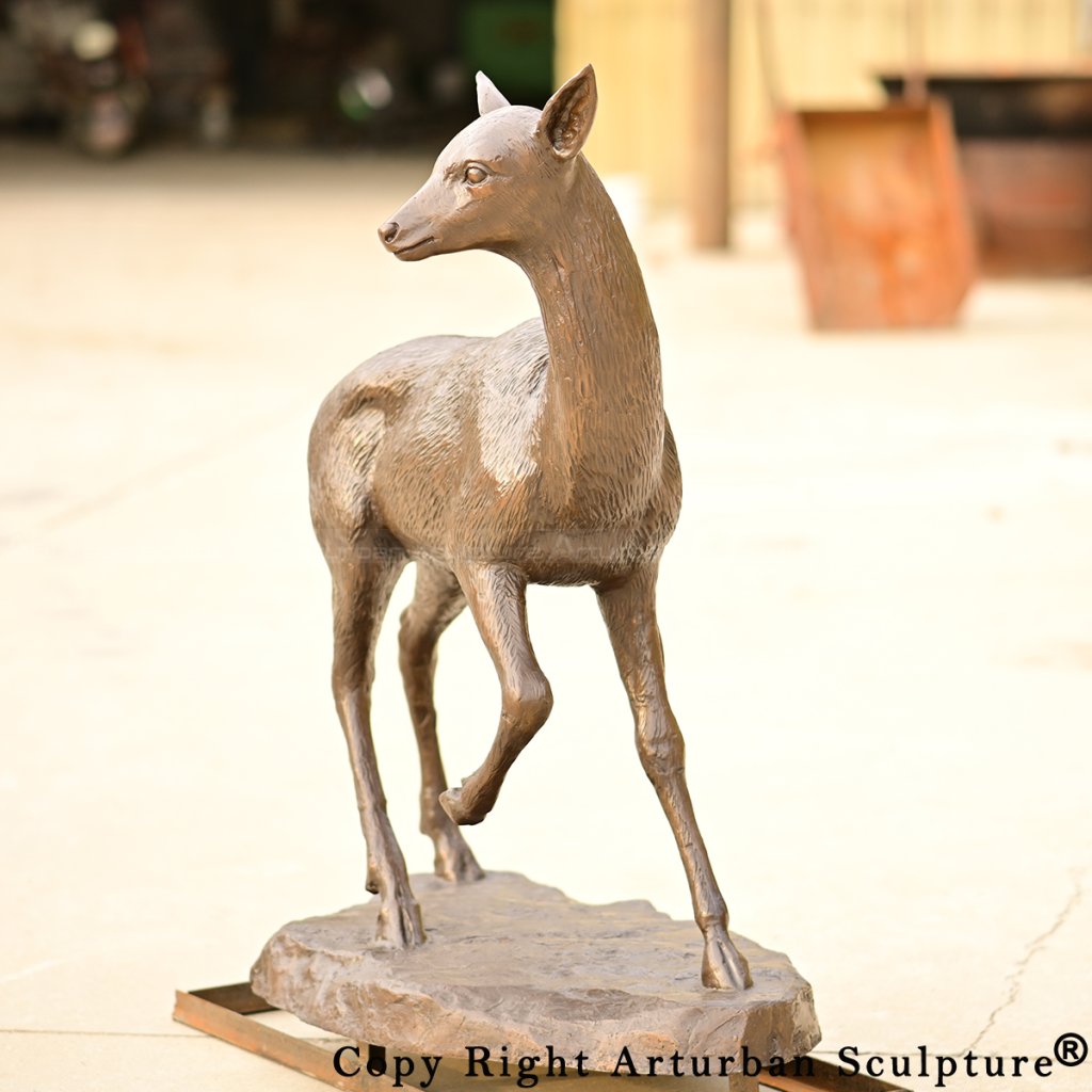 3 Detailed life size bronze Young deer garden statue