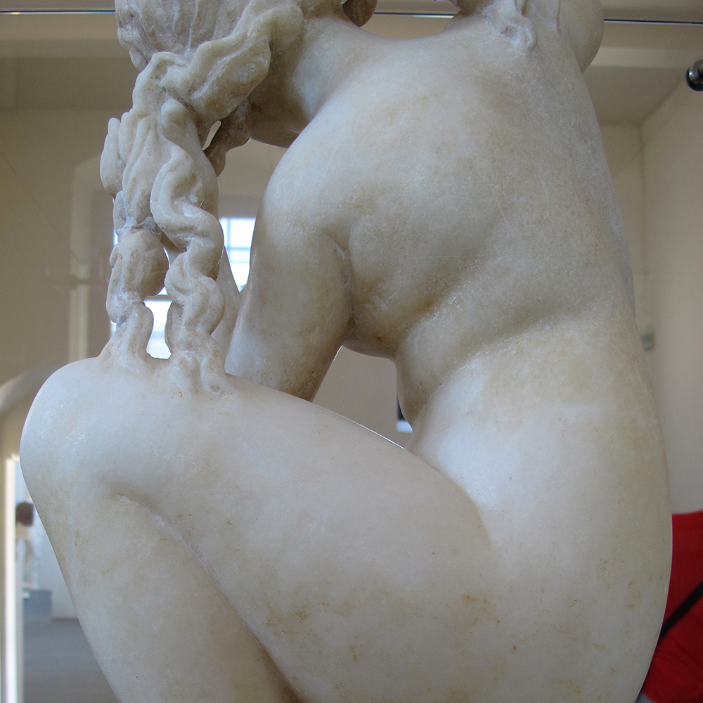 Greek Goddess Aphrodite of Rhodes marble statue crouched back